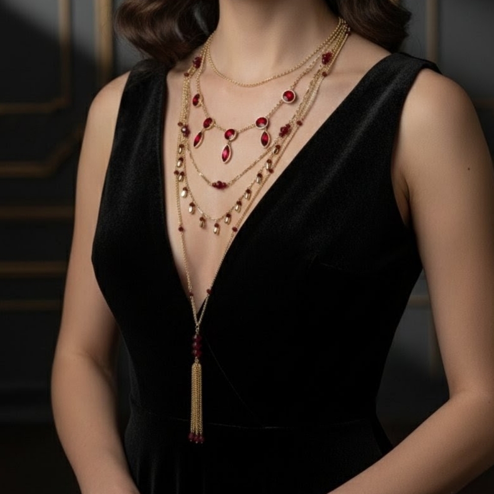 90s Vintage Designer Multi-Layered Ruby Statement Necklace Gold Tassel & Bezel